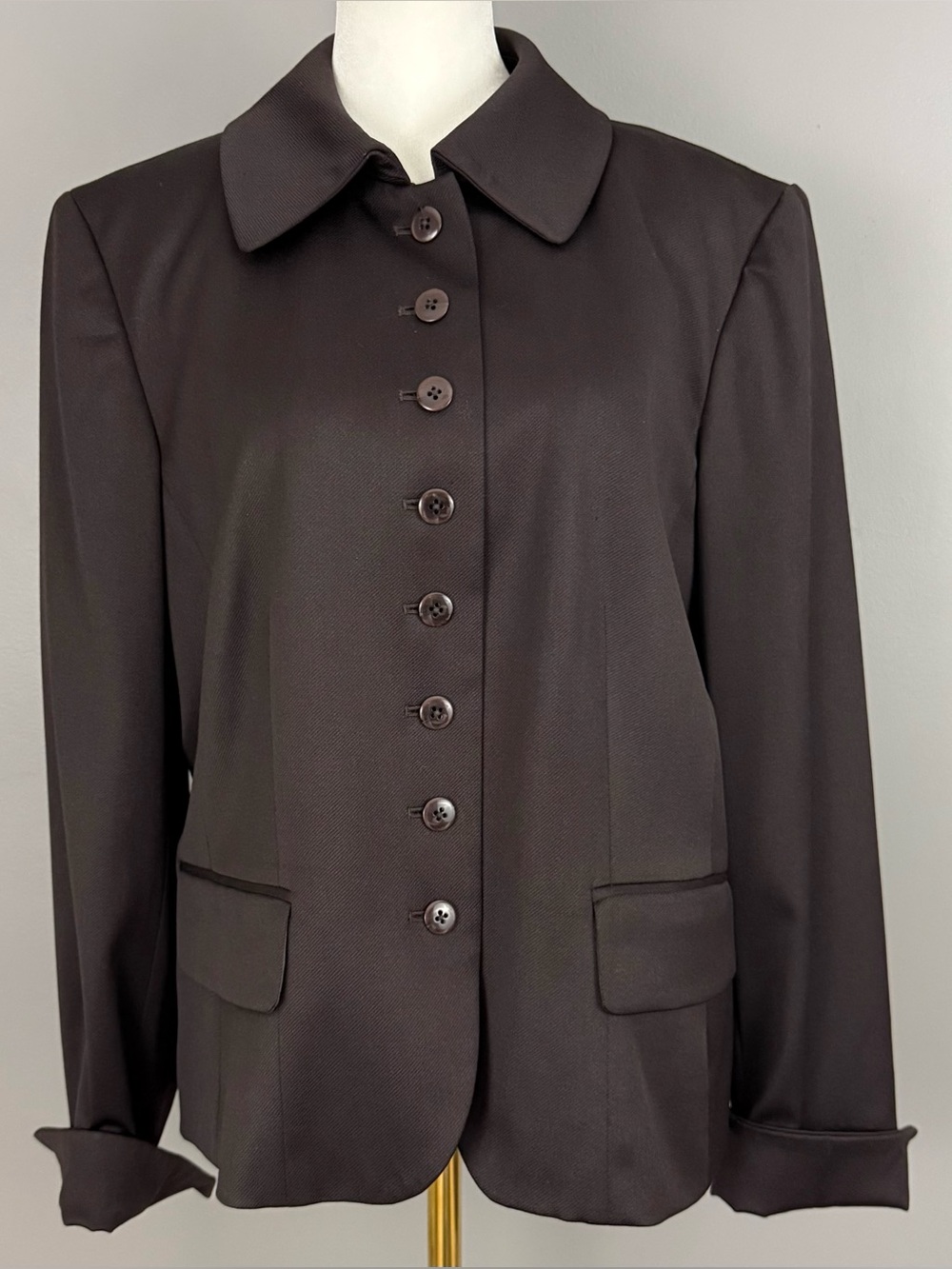 Ellen Tracy Vintage Chocolate Brown Wool Jacket Blazer Size 14 Tailored Stretch